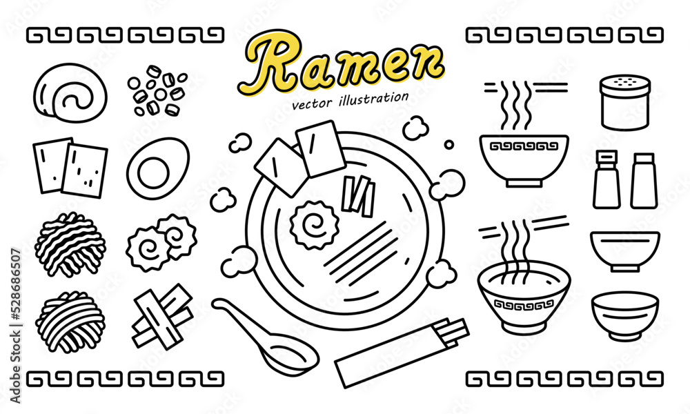 黒い背景にラーメンの白いアイコン。丼に盛った即席麺と箸。日本の伝統的なそば。アジア料理。中華料理。ベクター黒板のイラスト」のベクター画像素材 ロイヤリティフリー1723671826Shutterstock
