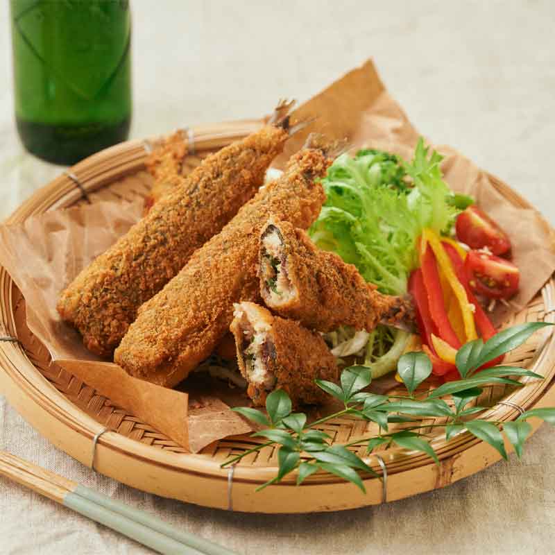 油フライパン1cm！梅肉大葉巻き鰯フライ
