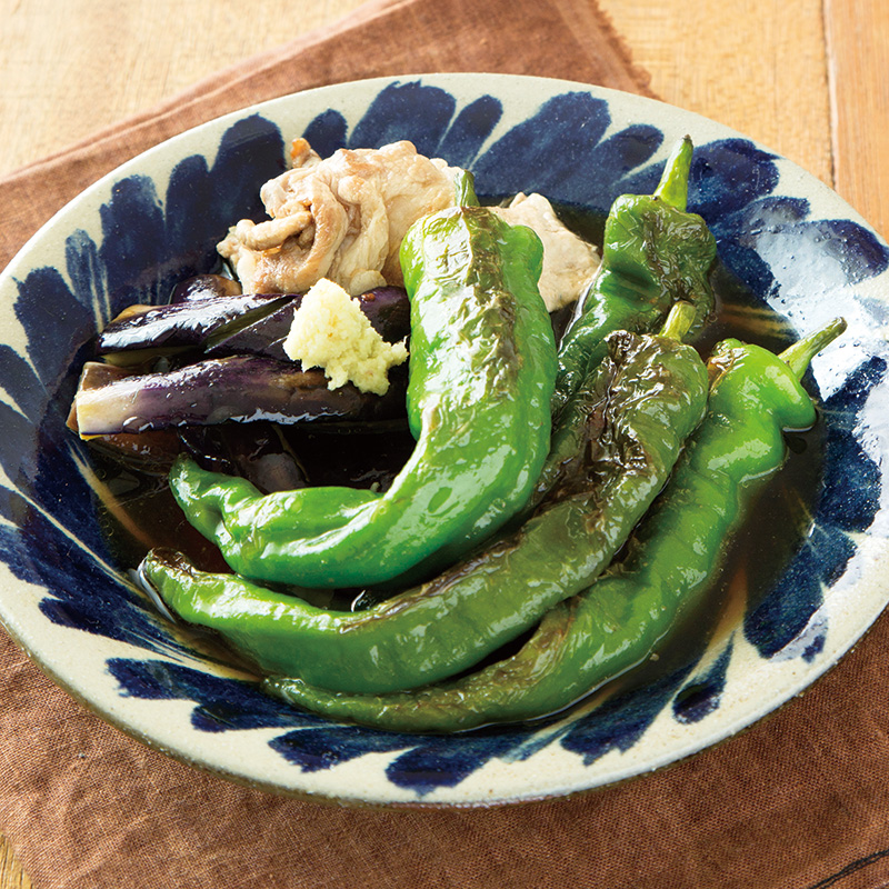 万願寺とうがらしと豚肉のしょうがごまあえ
