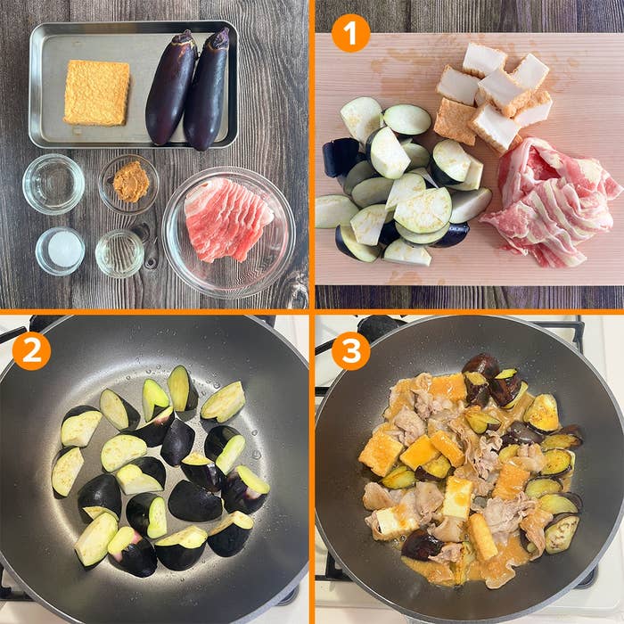 冷凍揚げなす・豚こま肉・厚揚げ・ピーマンの味噌炒め