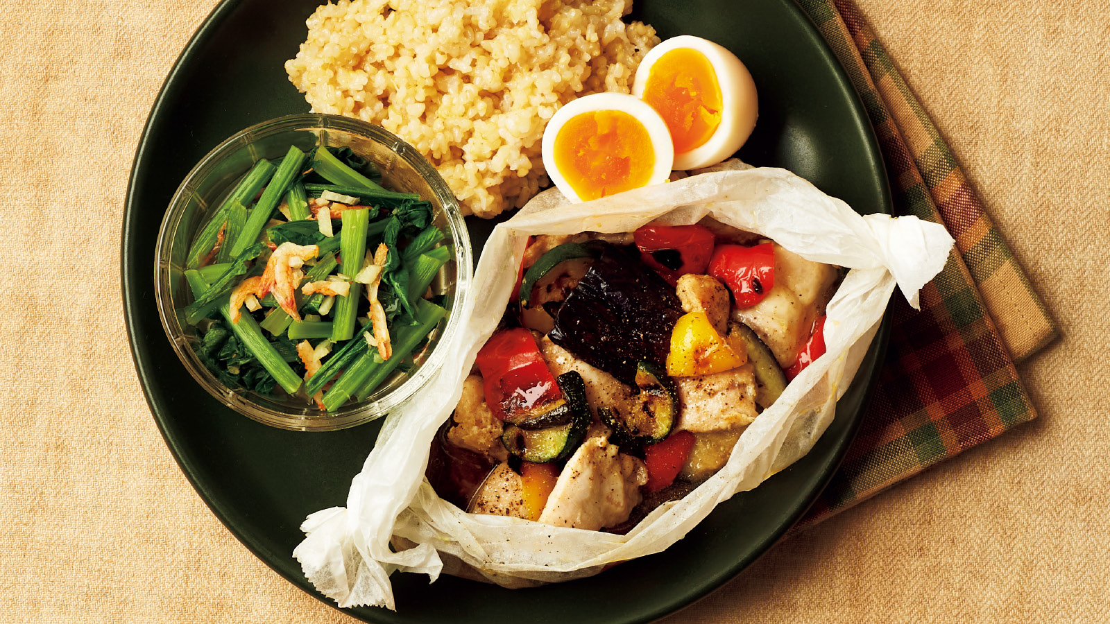 鶏のから揚げとゆで卵のワンプレート