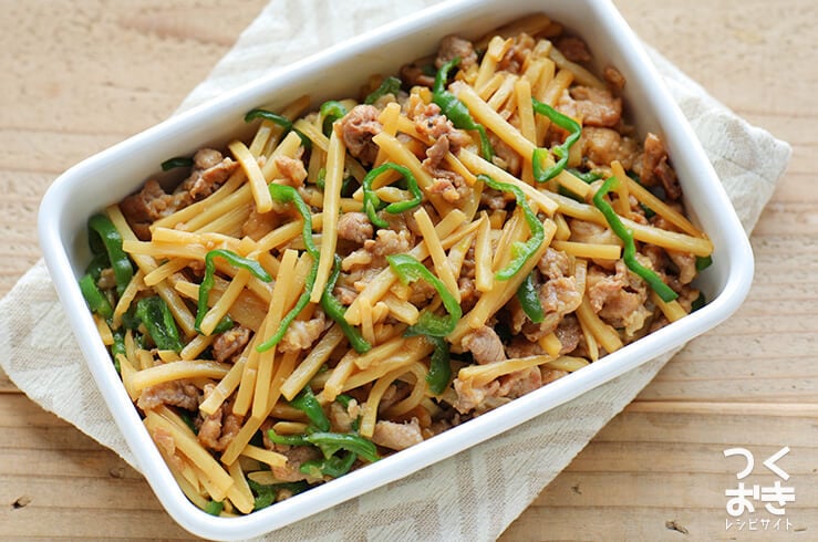 細切り筍と豚こま肉のオイスターと醤油炒め♡