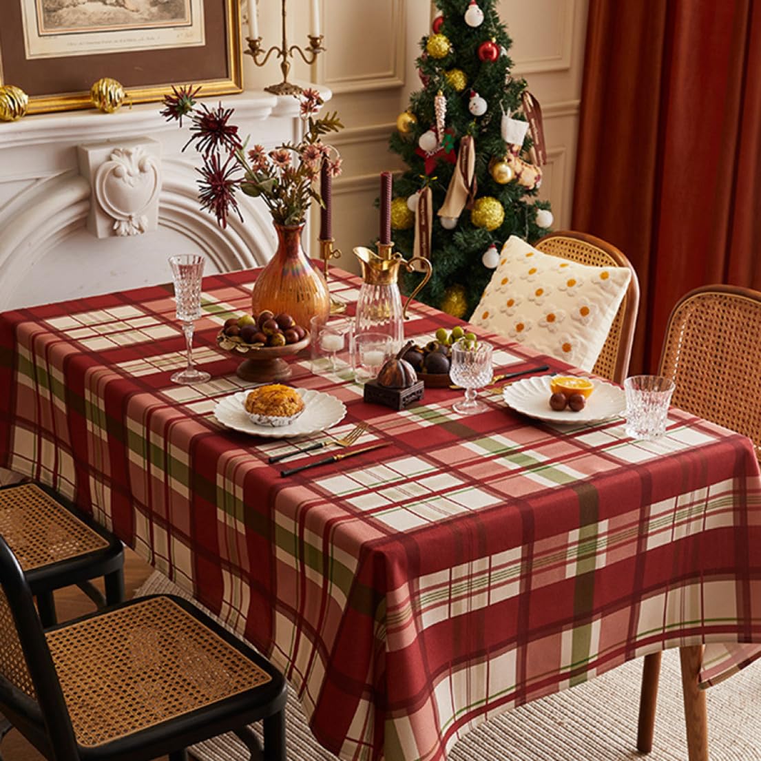 楽天市場 送料無料 クリスマス 格子縞 長方形 クリスマス テーブルクロス マルチクロス クリスマステーブルクロス雪花で飾られた格子テーブルクロスレストラン パーティー誕生日 パーティーと休日の耐久性のある重たい格子 テーブル クリスマス感謝祭 ハロウィン