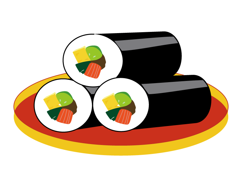 赤いお盆に乗せた恵方巻＜節分・縁起物・柊・梅・お寿司・寿司・巻き寿司・2月・年中行事＞節分に使えるワンポイントカット無料イラスト 素材TemplateBox