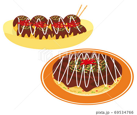 ゆるい手描き風イラスト 関西風お好み焼き：イラスト無料
