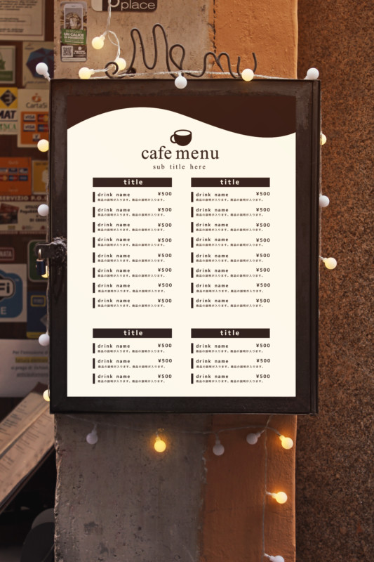 無料メニューテンプレート – シンプルなカフェ向けのメニューデザイン 白壁ASOBOAD
