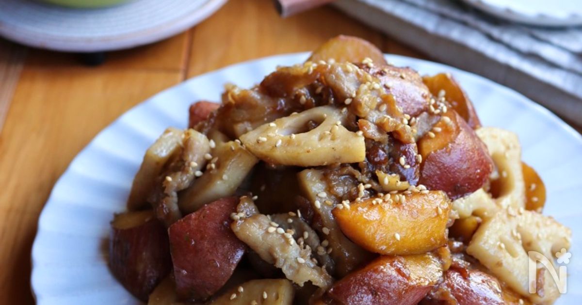 豚こまボールとさつまいも＋れんこんのテリテリ甘辛たれ 〜今回はなんとフライパン一つで挑戦のどかな暮らし